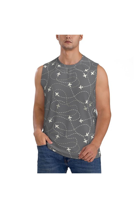 Airplane Routes Around The World Print Men's Tank Top: Sleek Sleeveless Tee for Casual Sports and Beach Occasions-XX-Large