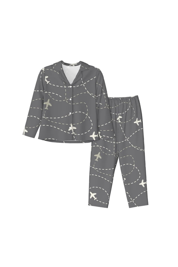 Airplane Routes Around The World Print Women Pajamas Set Soft Sleepwear Pjs long Sleeve Button Down Nightwear with Long Pants