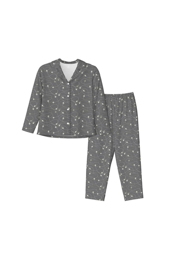Airplane Routes Around The World Print Women Pajamas Set Soft Sleepwear Pjs long Sleeve Button Down Nightwear with Long Pants