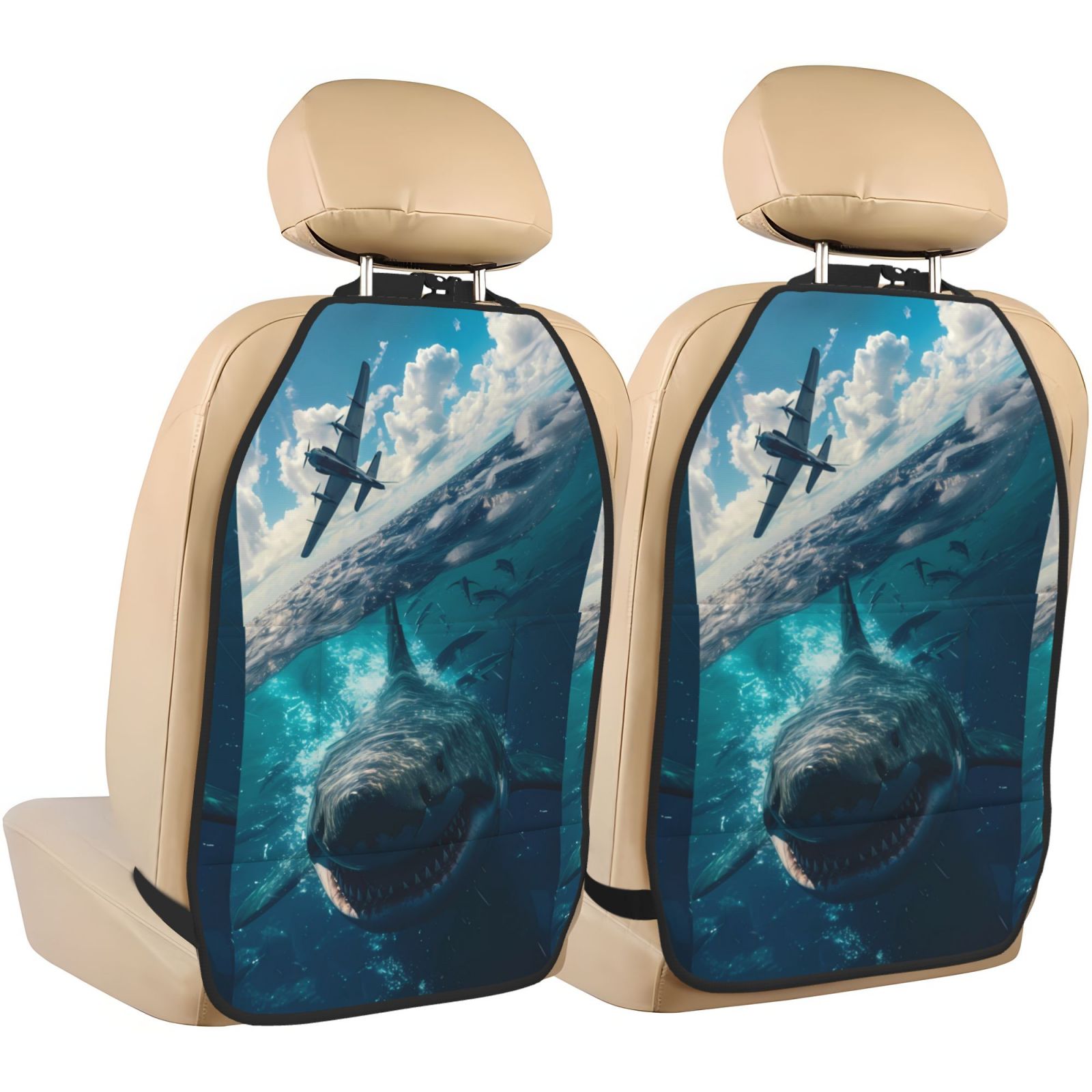 Xecao Airplane Shark Pattern Car Seat Back Protector 2 Pack Large Capacity Pocket, Kick Mats Back Seat Protector
