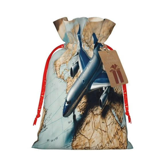 Xecao Airplane World Map Adventure Print Burlap Gift Bags with Drawstring and Gift Tags, Gift Bags, Burlap Bags, Jute Bags for Party, Christmas, DIY Craft Bags-Small