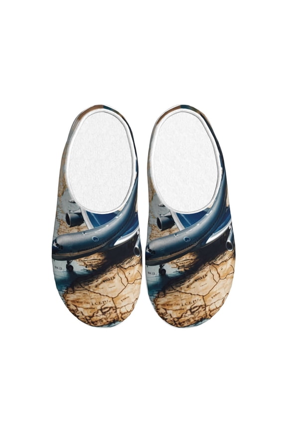 Airplane World Map Adventure Print Cotton Slippers Fuzzy Warm Cozy Slippers Non Slip House Slippers For Indoor Outdoor Cotton Slippers House Slippers-8