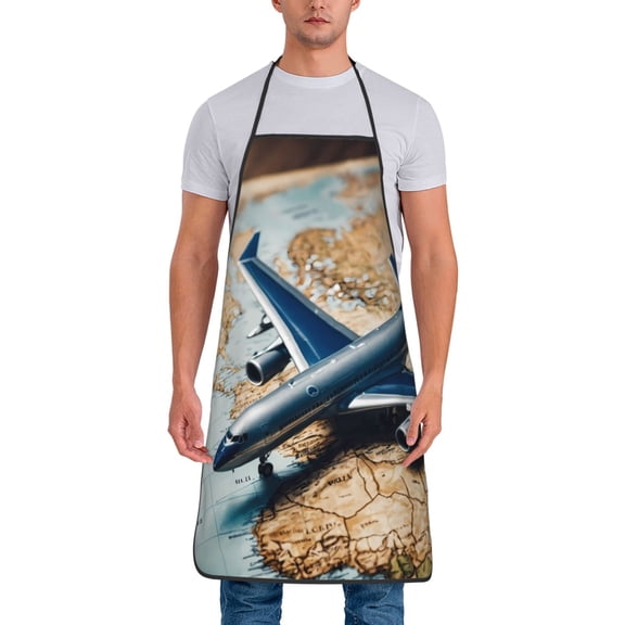 Xecao Airplane World Map Adventure Print Funny BBQ Chef Aprons for Men Women,Adjustable Kitchen Cooking Aprons with Pocket Waterproof Oil Proof No Pilling Fading