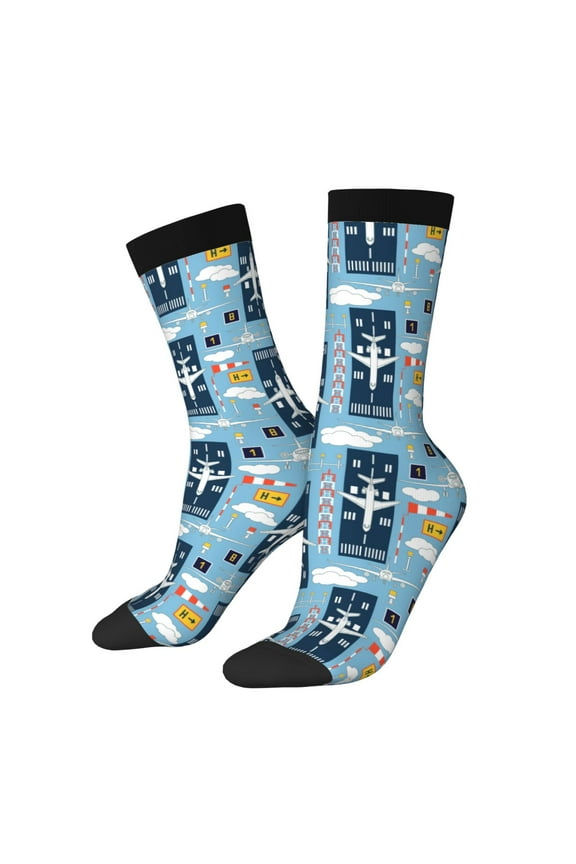 Airplanes and Aviation Signs Pattern Sport Socks for Women and Men Crew Socks Sporty Calf Socks Casual Socks
