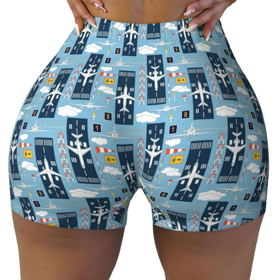 Xecao Airplanes and Aviation Signs Print Workout Shorts for Women Soft Smooth Gym Yoga Scrunch Active Tennis Workout Running Shorts