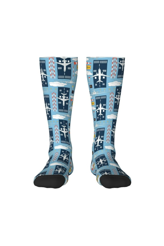 Airplanes and Aviation Signs print thigh-high socks, crafted for both men and women with a stretchy, high-opaque design perfect for daily wear