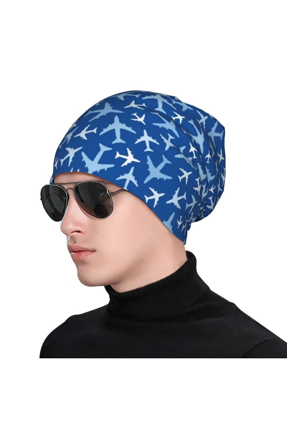 Airplanes in the Sky Print Beanie Knitted Hat for Men Women, Winter Fashion Knit Cuffed Caps Unisex