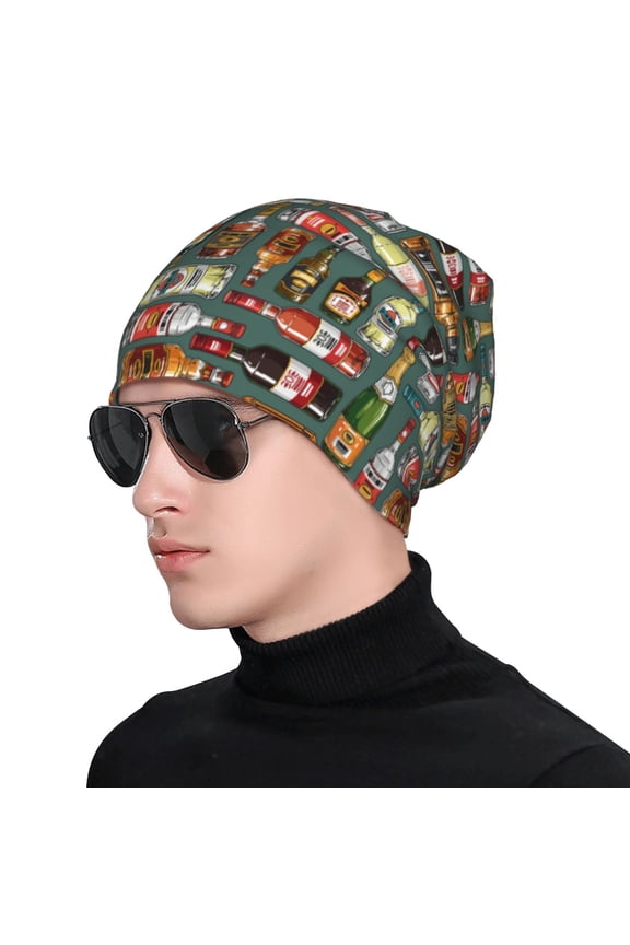 Alcohol Bottles Print Beanie Knitted Hat for Men Women, Winter Fashion Knit Cuffed Caps Unisex