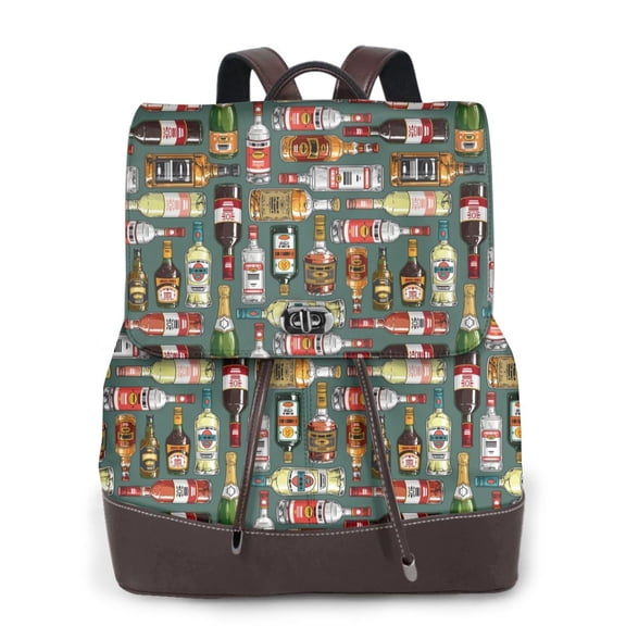 Xecao Alcohol Bottles Print Large Backpack Soft Leather for Women Travel with Compartment, Adjustable Convertible Strap