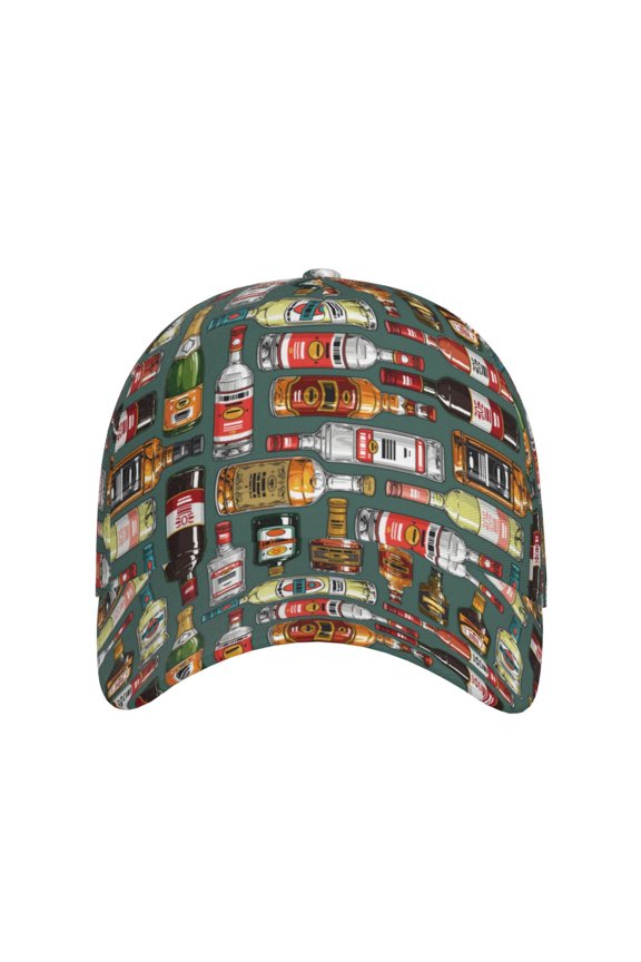 Alcohol Bottles for Baseball Cap: Unisex, crafted from classic polyester twill fabric, featuring a soft unconstructed design