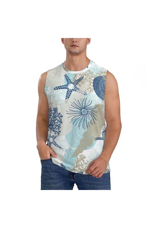 Algae Corals and Seashells Print Men's Tank Top: Sleek Sleeveless Tee for Casual Sports and Beach Occasions-Small