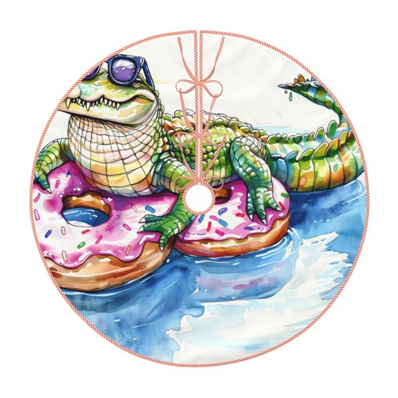 Xecao Alligator Donut Pool Float Pattern Christmas Tree Skirt Round Xmas Tree Mat Base Cover for Holiday Home Decorations-30"