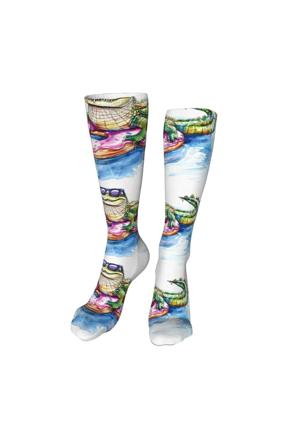 Alligator Donut Pool Float Print Calf Socks Seamless Toe, Knee High Long Socks, Sports Socks Trouser Socks for Women and Men-One Size