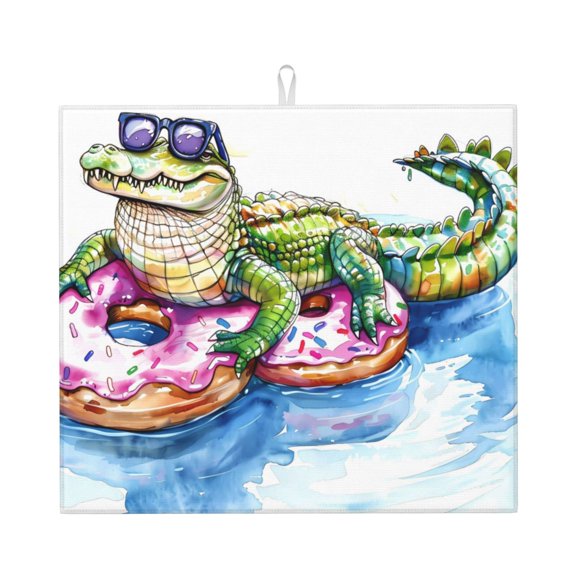 Xecao Alligator Donut Pool Float Print Dish Drying Mat for Kitchen Counter,Absorbent Coffee Bar Mat, Dish Drainer Rack Mats,Dining Room Decoration