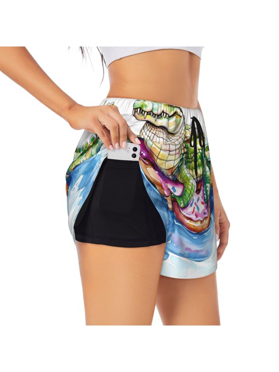 Alligator Donut Pool Float for Double-layer Running Short for Women, Perfect for Gym, Tennis, and More, Featuring a Convenient Pocket-Large