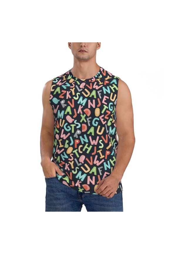 Alphabet Print Men's Tank Top: Sleek Sleeveless Tee for Casual Sports and Beach Occasions-Small