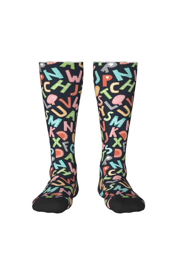 Alphabet print thigh-high socks, crafted for both men and women with a stretchy, high-opaque design perfect for daily wear