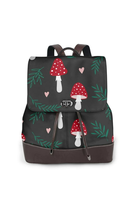 Amanita Mushroom Print Large Backpack Soft Leather for Women Travel with Compartment, Adjustable Convertible Strap