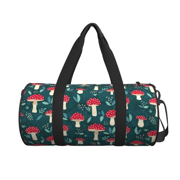 Xecao Amanita Mushroom print Round Travel Duffel Bag is a foldable gym bag with an inner pocket, perfect for travel sports