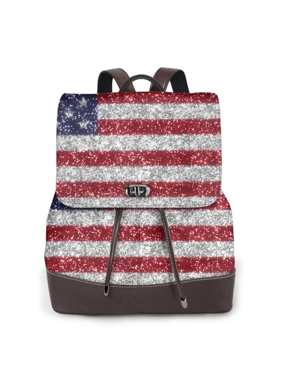 America Flag Glitter Print Large Backpack Soft Leather for Women Travel with Compartment, Adjustable Convertible Strap