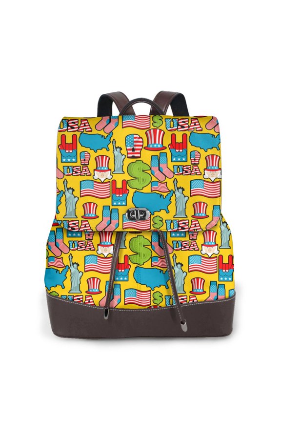 America Symbols Print Large Backpack Soft Leather for Women Travel with Compartment, Adjustable Convertible Strap