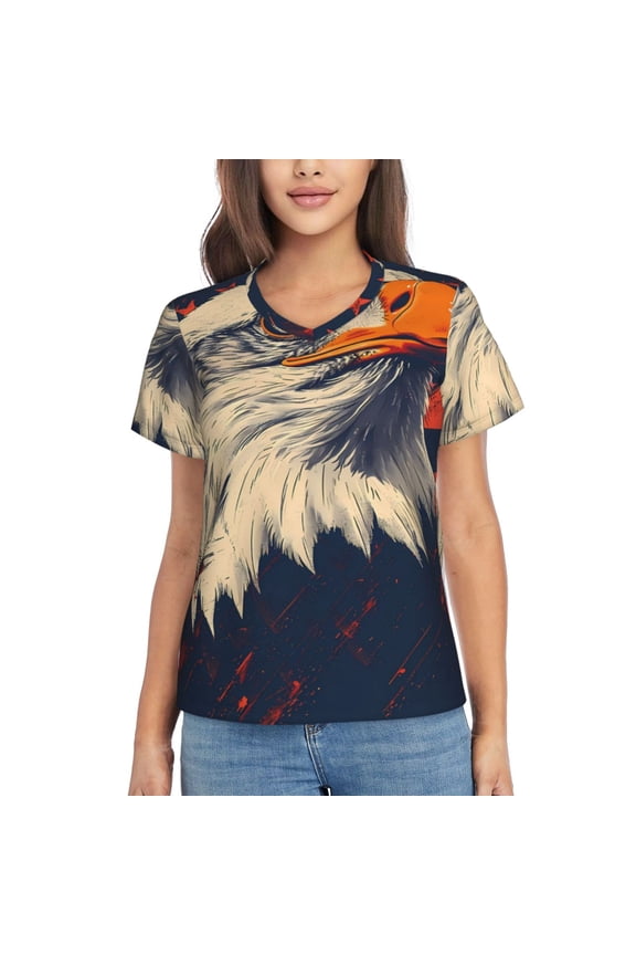 American Bald Eagle A for Women's V-Neck T-Shirts-Elegant Half-Sleeve Tops Perfect for Summer-Small
