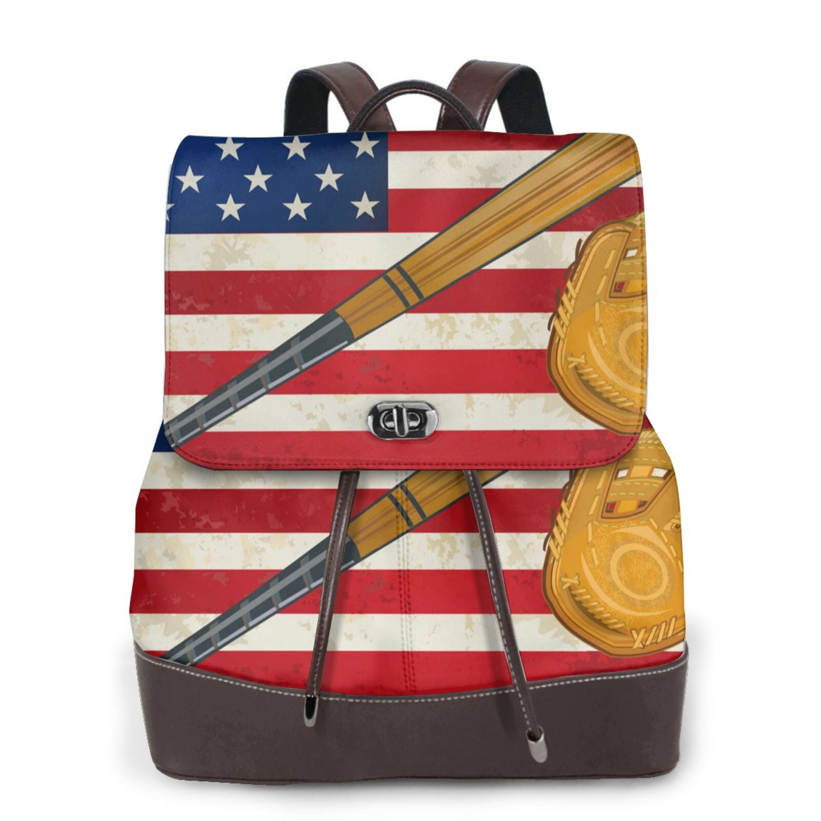 Xecao American Flag And Baseball Print Large Backpack Soft Leather for Women Travel with Compartment, Adjustable Convertible Strap