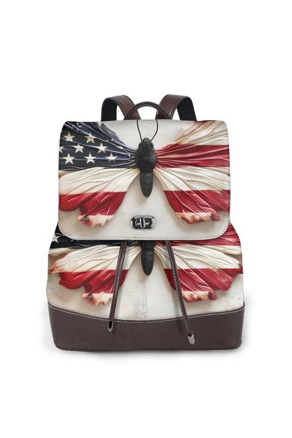 American Flag Butterfly Wall Print Large Backpack Soft Leather for Women Travel with Compartment, Adjustable Convertible Strap