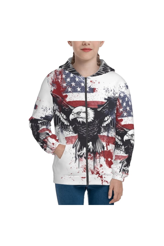 American Flag Eagle Art Pattern Zip Up Hoodies for Boys Girls, Sweatshirt with Pockets-Medium