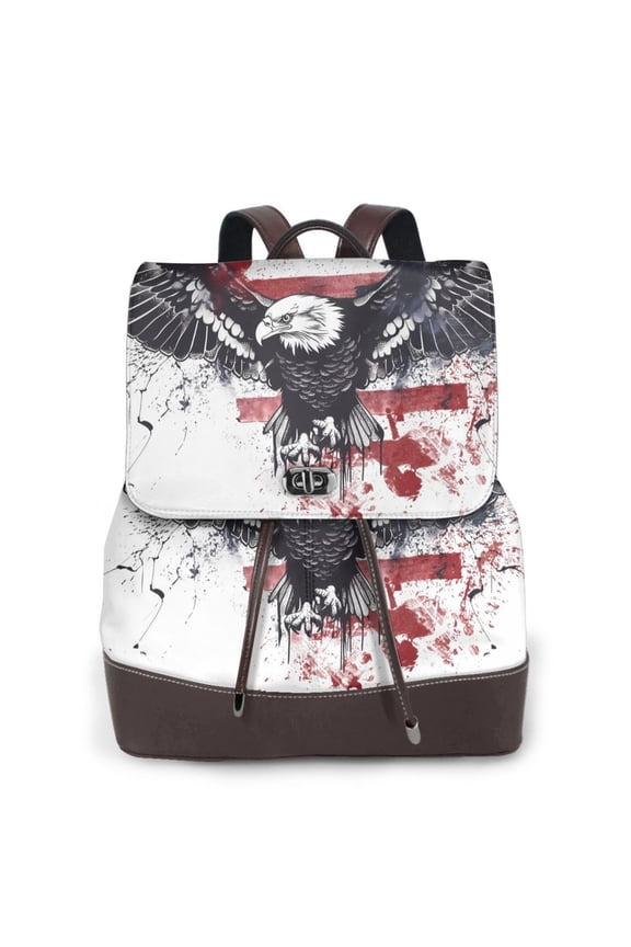 American Flag Eagle Art Print Large Backpack Soft Leather for Women Travel with Compartment, Adjustable Convertible Strap