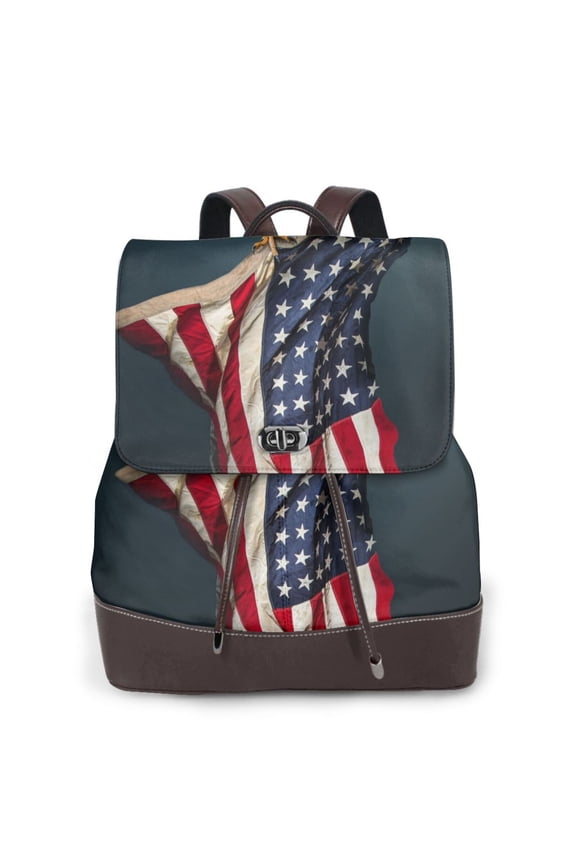 American Flag Print Large Backpack Soft Leather for Women Travel with Compartment, Adjustable Convertible Strap