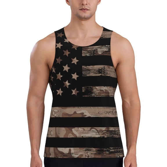Xecao American Flag with Desert Camouflage Men's Tank Top Workout Quick Dry Sleeveless Gym Jogging Muscle Shirts Summer Swim Beach Tops