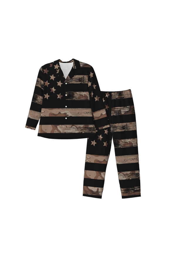 American Flag with Desert Camouflage Print Pajamas Set Mens Pajamas Long Sleeve Loungewear Two-Piece Sleepwear Button-Down Pjs Set,2PJS-Small