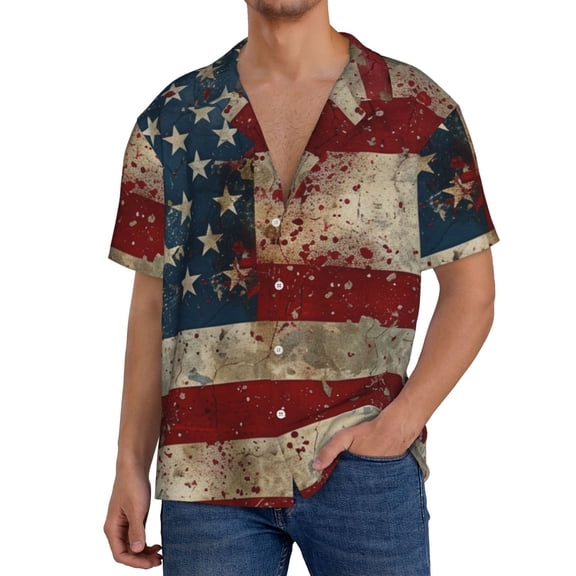 Xecao American Flag1 Men's Casual Short-sleeved Shirt, a button-up collared shirt with a pocket-4X-Large