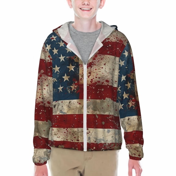 Xecao American Flag1 Print Fishing Shirts for teenager Long Sleeve UV Sun Protection Hoodie with Zipper Outdoor Hiking Shirts-X-Large