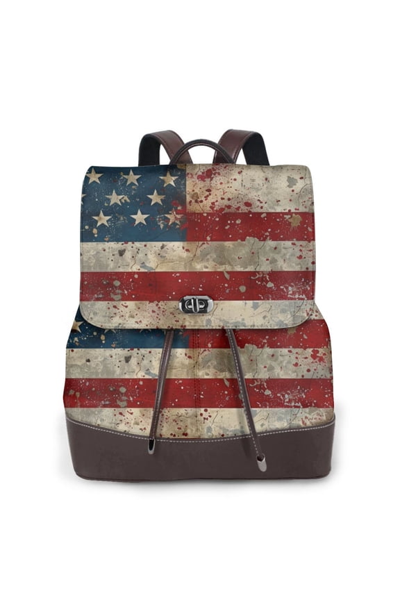 American Flag1 Print Large Backpack Soft Leather for Women Travel with Compartment, Adjustable Convertible Strap