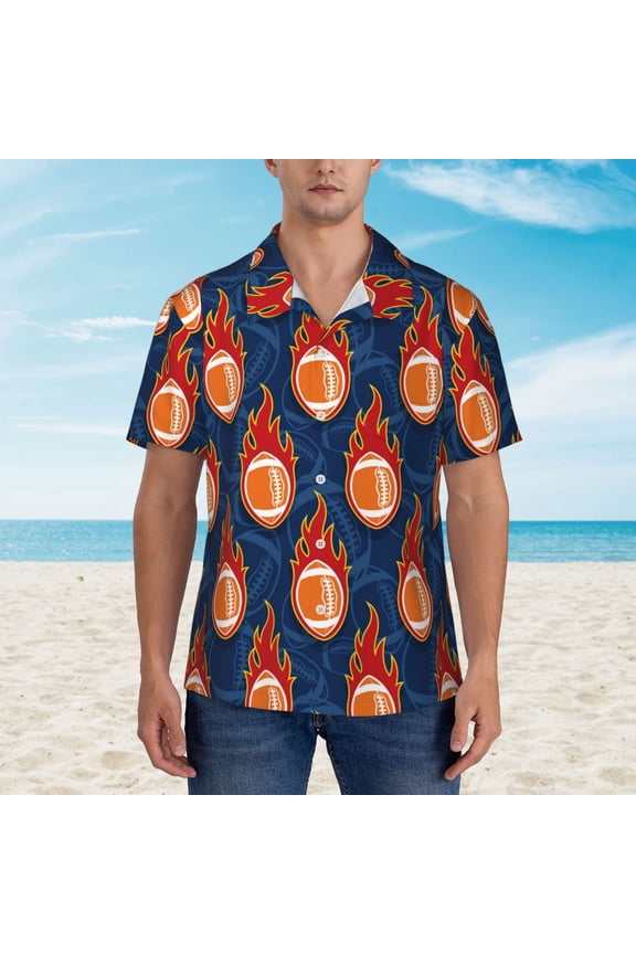 American Football and Fire Flames print Hawaiian shirt - a stylish short-sleeve button-down for men, perfect for casual beach and tropical outings.