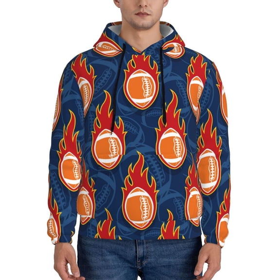 Xecao American Football and Fire Flames Pattern Men's Adult Pullover Hoodie,Hooded Sweatshirt-Small