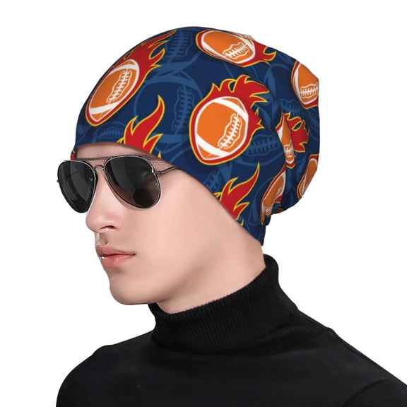 Xecao American Football and Fire Flames Print Beanie Knitted Hat for Men Women, Winter Fashion Knit Cuffed Caps Unisex