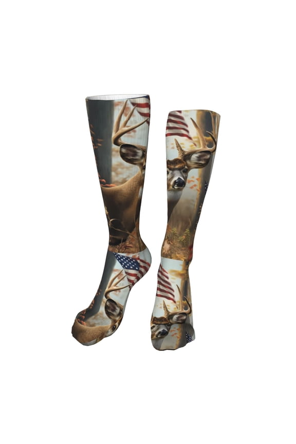 American Wildlife Deer Forest Print Calf Socks Seamless Toe, Knee High Long Socks, Sports Socks Trouser Socks for Women and Men-One Size