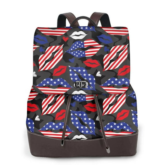 Xecao American With Lips Print Large Backpack Soft Leather for Women Travel with Compartment, Adjustable Convertible Strap