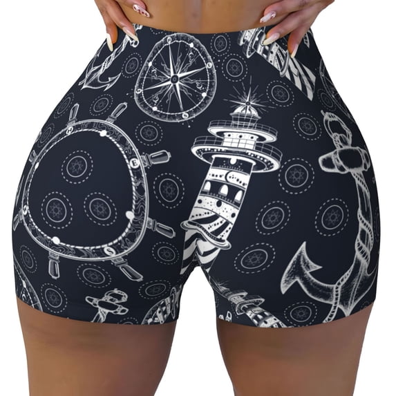 Xecao Anchors and Lighthouse Print Workout Shorts for Women Soft Smooth Gym Yoga Scrunch Active Tennis Workout Running Shorts