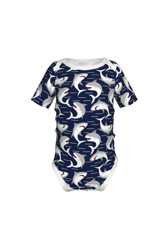 Angry Shark Pattern Baby Climbing Bodysuit Short Sleeve Onesie Unisex 0-12 Months Baby Shirt Newborn Outfits Crotch snap design-6 Months
