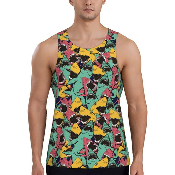 Xecao Angry Shark Pattern Men's Tank Top Workout Quick Dry Sleeveless Gym Jogging Muscle Shirts Summer Swim Beach Tops