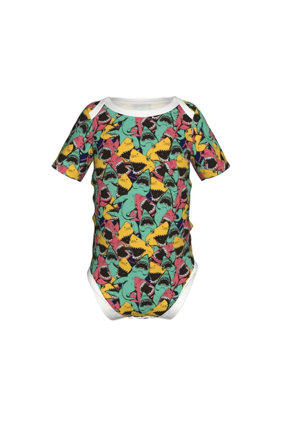 Angry Shark Pattern Pattern Baby Climbing Bodysuit Short Sleeve Onesie Unisex 0-12 Months Baby Shirt Newborn Outfits Crotch snap design-18 Months