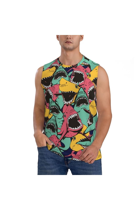 Angry Shark Pattern Print Men's Tank Top: Sleek Sleeveless Tee for Casual Sports and Beach Occasions-XX-Large