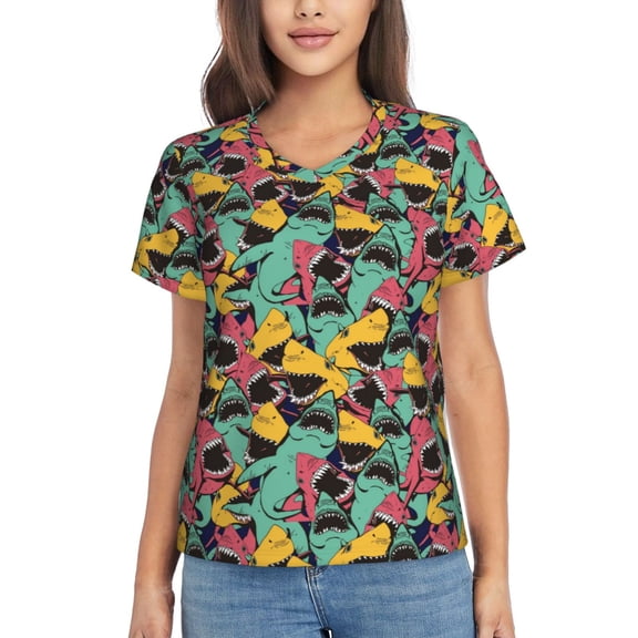 Xecao Angry Shark Pattern for Women's V-Neck T-Shirts-Elegant Half-Sleeve Tops Perfect for Summer-Small