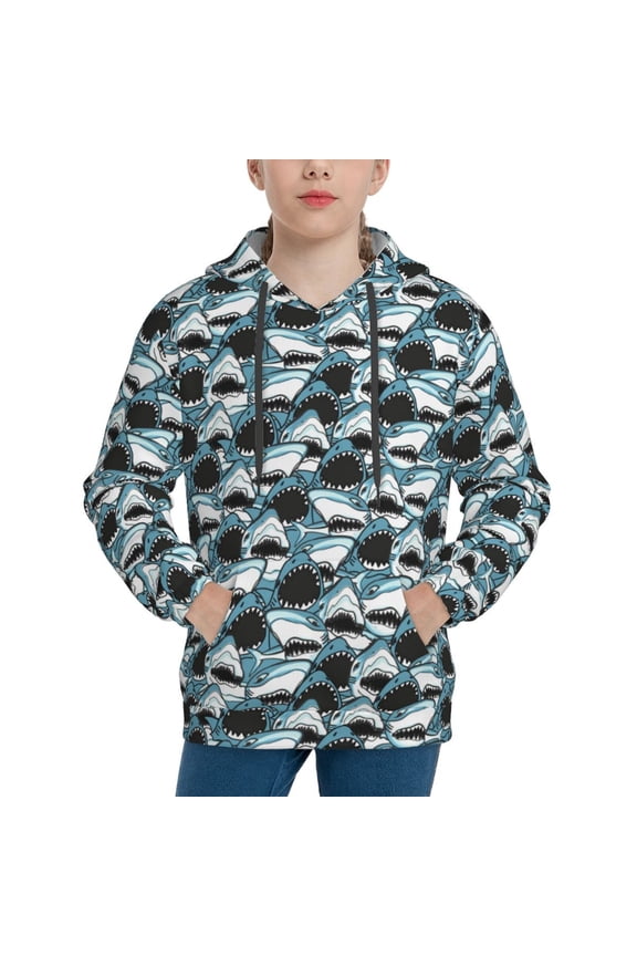 Angry Shark Print Youth Hoodie Sweatshirt,Boys Hoodies,Essentials Hoodie-Large