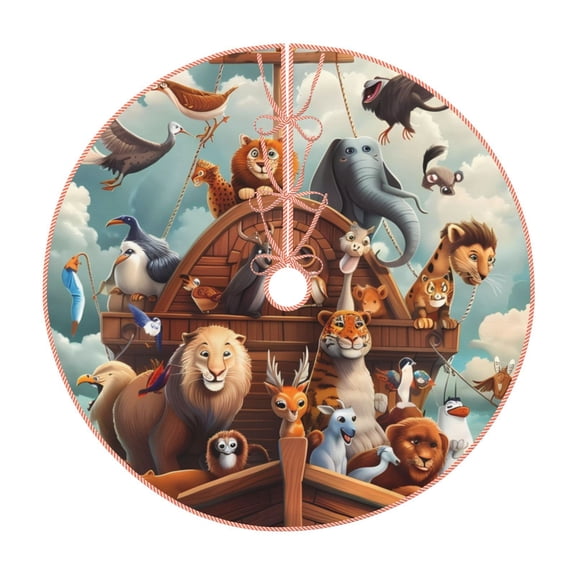 Xecao Animal Filled Noahs Ark Pattern Christmas Tree Skirt Round Xmas Tree Mat Base Cover for Holiday Home Decorations-30"