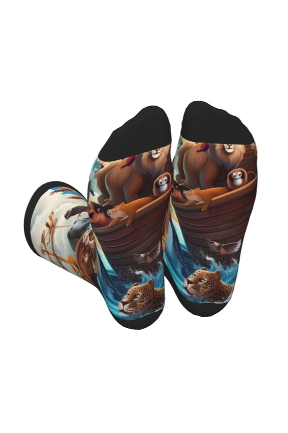 Animal Filled Noahs Ark Print Crew Socks for Men and Women, Men's Soft Moisture-wicking Sock